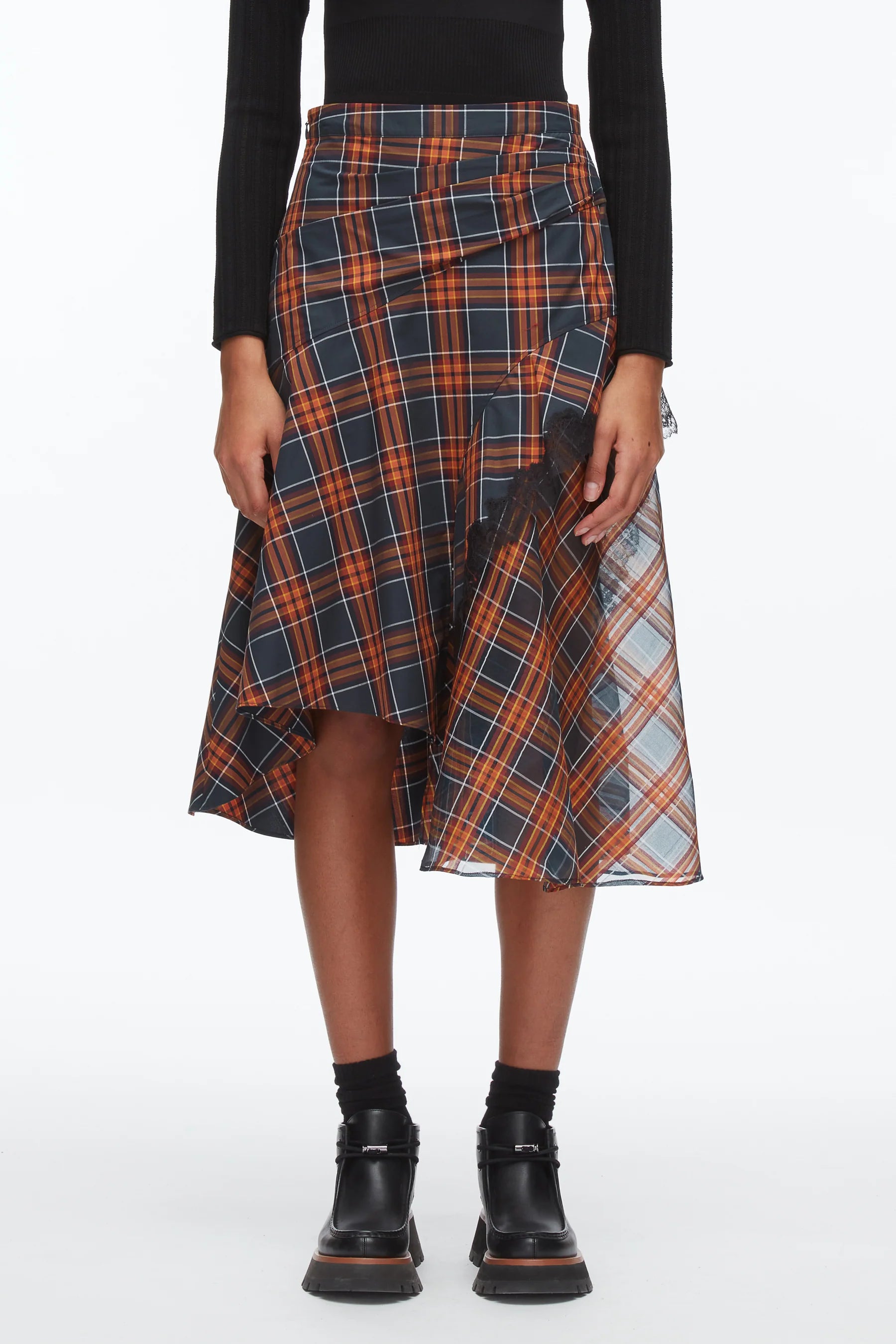 PLAID DRAPED MIDI SKIRT