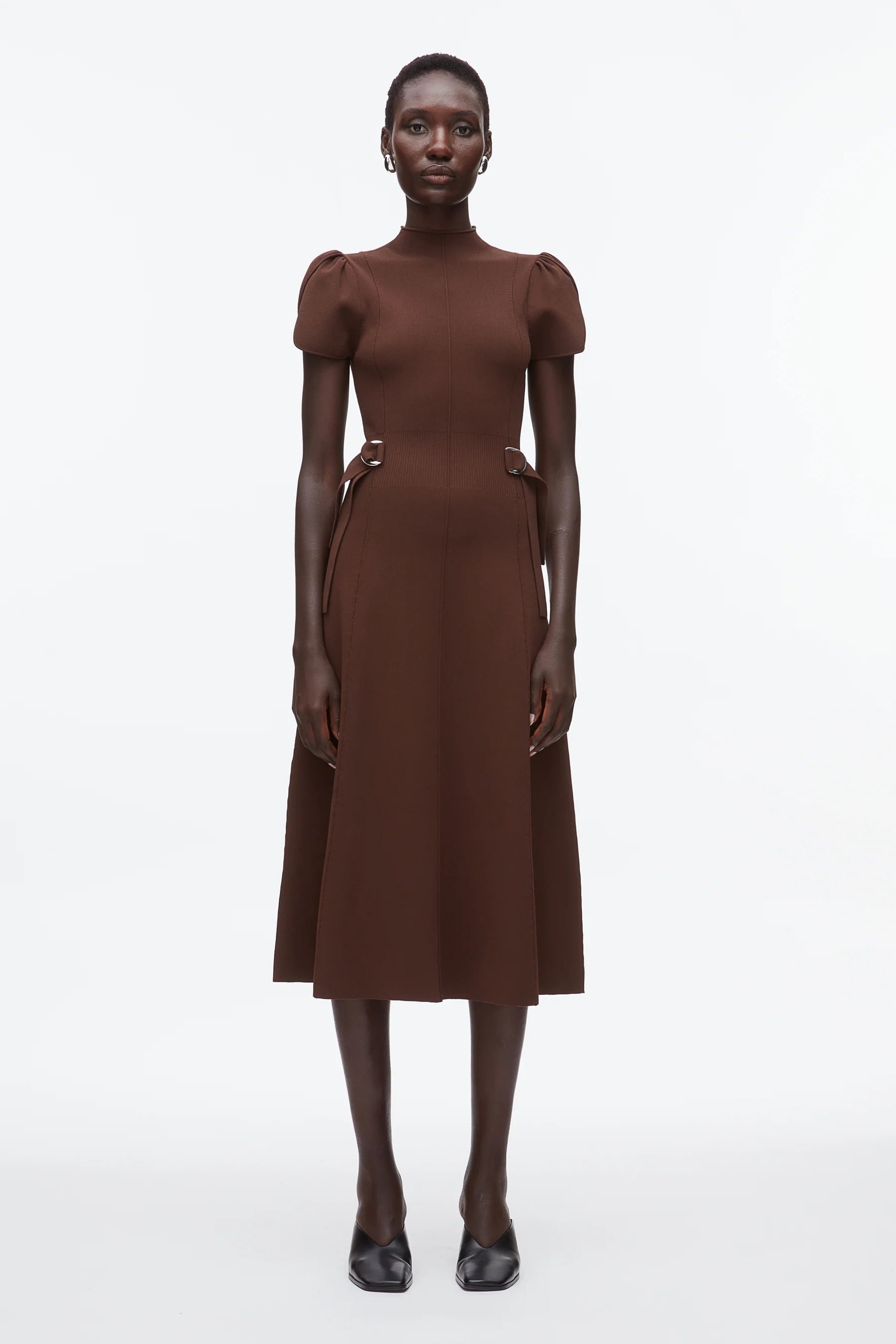 COMPACT RIB TULIP DRESS IN DARK CHOCOLATE