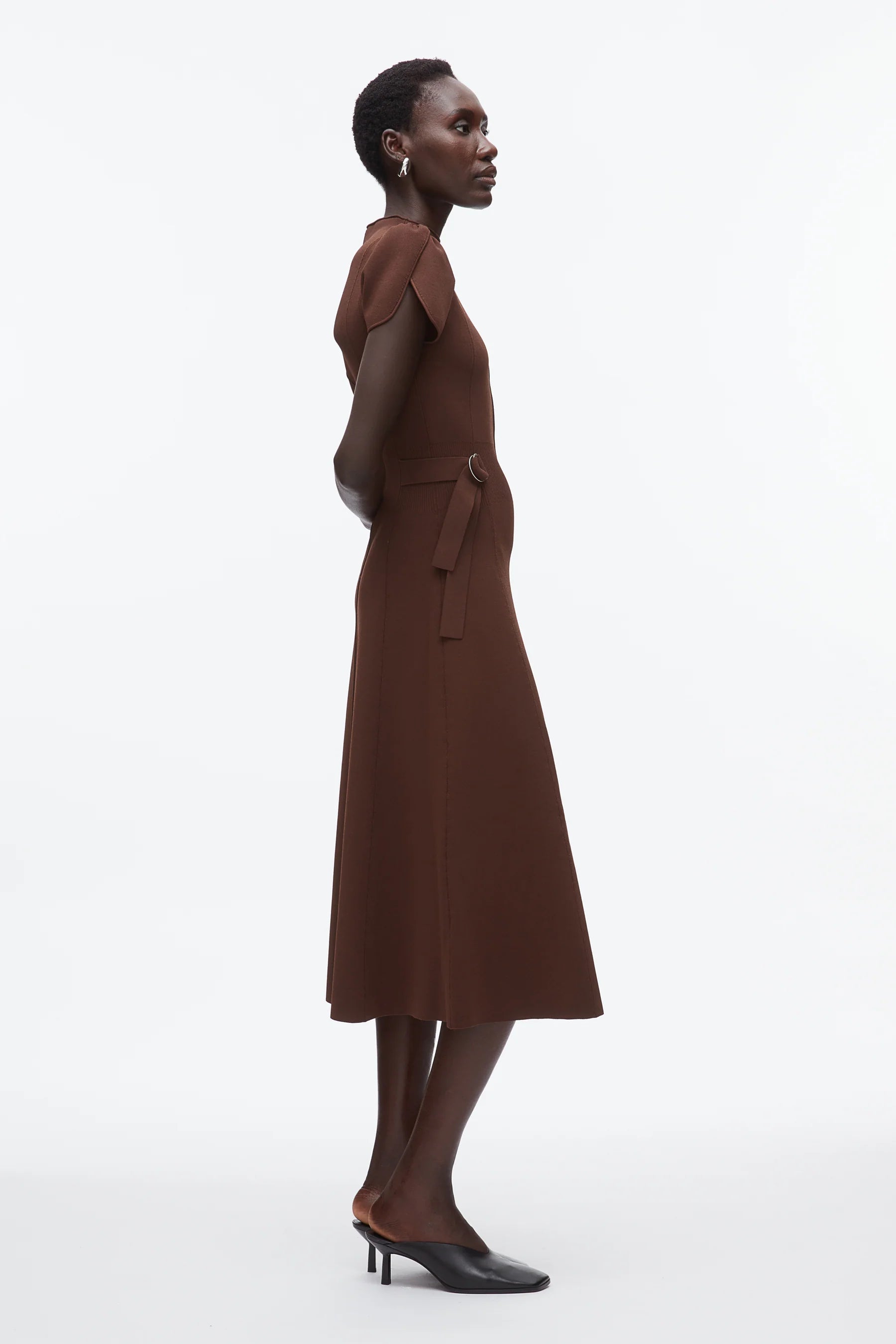 COMPACT RIB TULIP DRESS IN DARK CHOCOLATE
