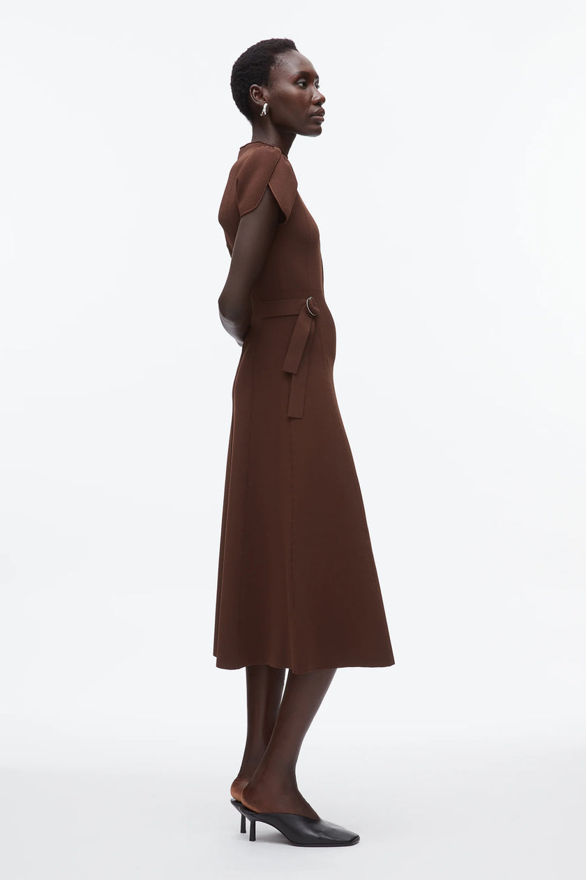 COMPACT RIB TULIP DRESS IN DARK CHOCOLATE
