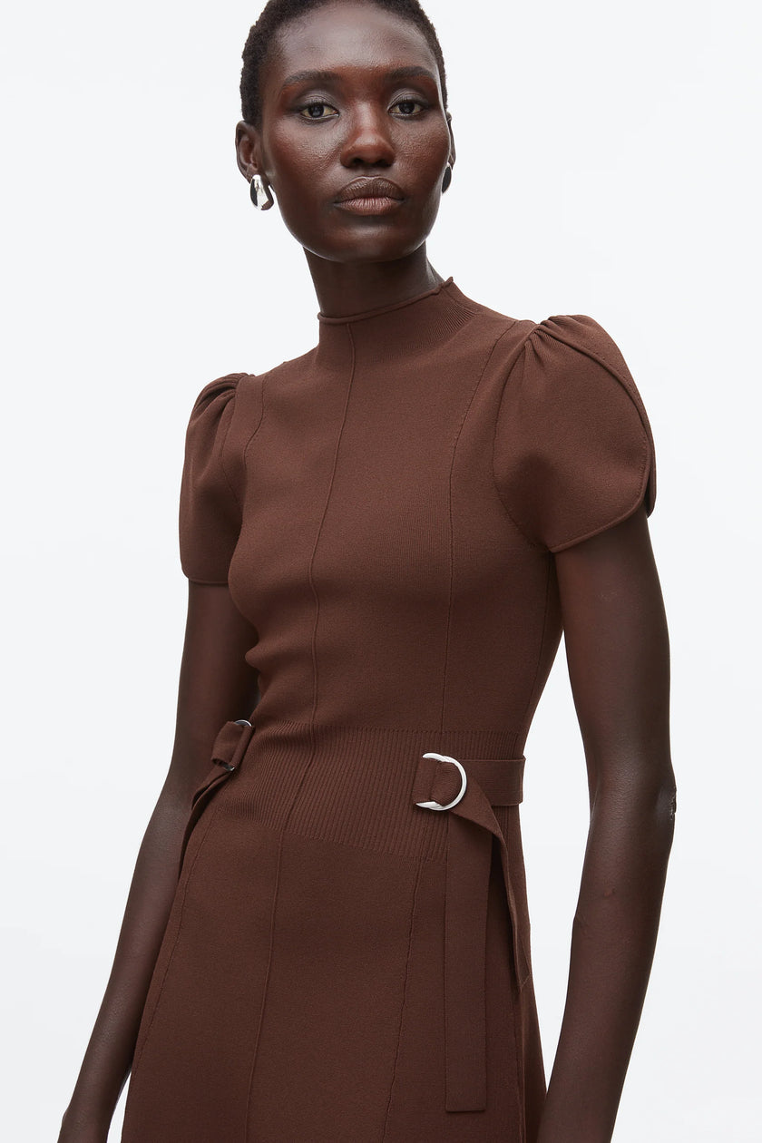 COMPACT RIB TULIP DRESS IN DARK CHOCOLATE
