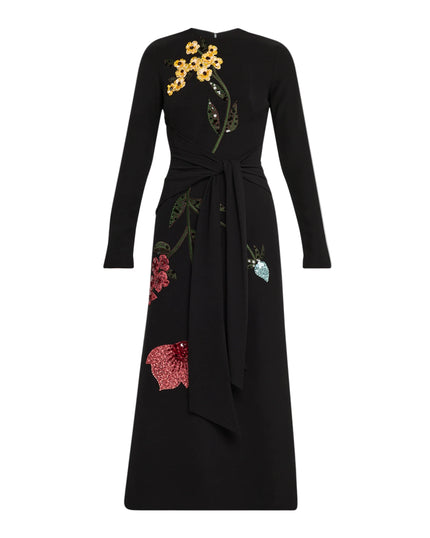 FLORAL EMBROIDERY LONG SLEEVE TIE WAIST DRESS