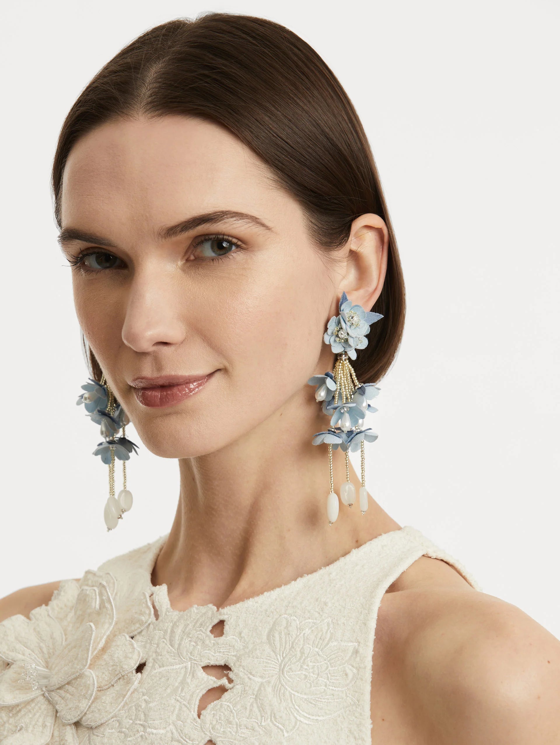 BEADED FLOWER DROP CLIP ON EARRINGS