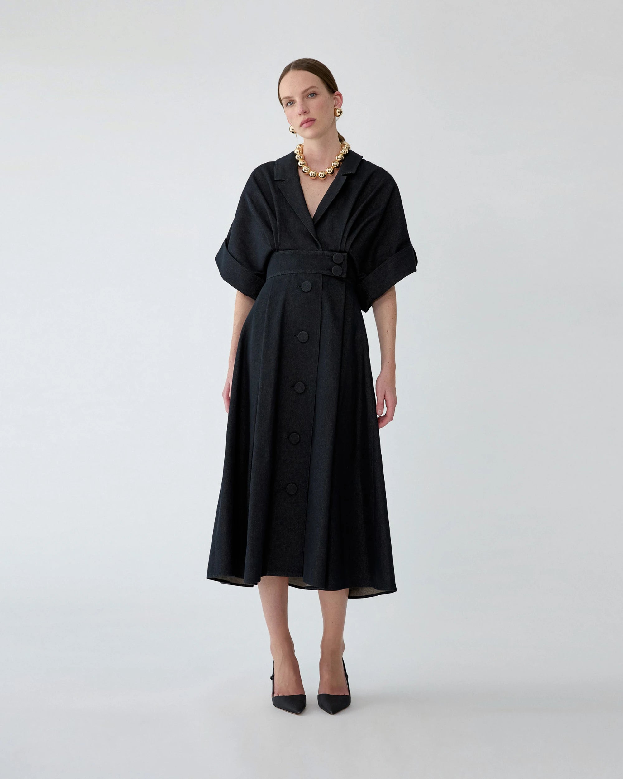 DENIM SHIRT DRESS IN BLACK DENIM
