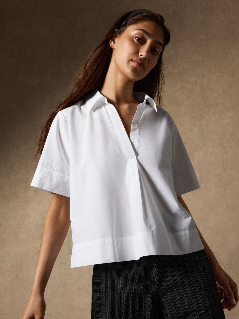 ORGANIC COTTON POPLIN SPLIT NECK TOP