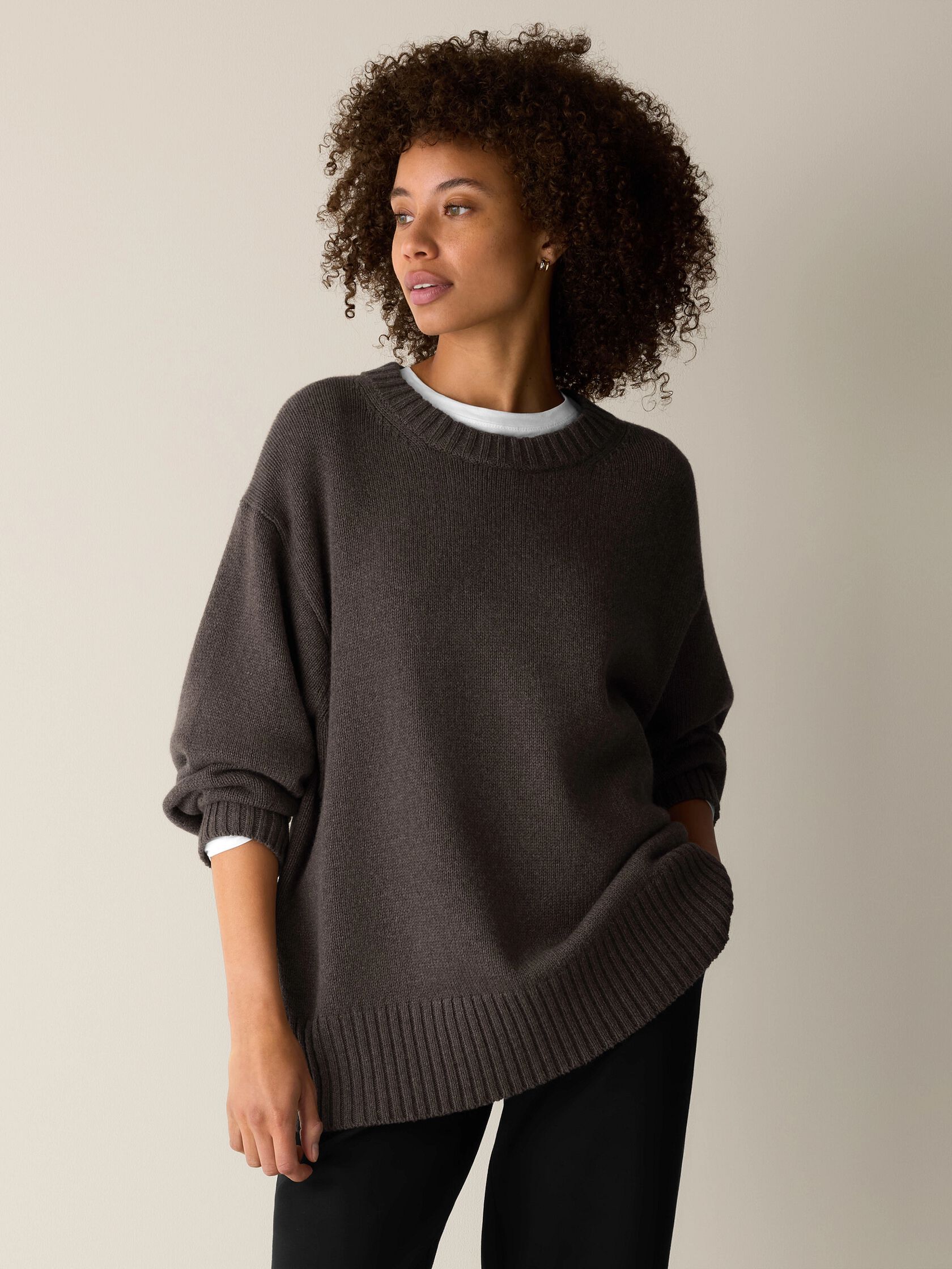 COTTON AND RECYCLED CASHMERE CREW NECK LONG TOP