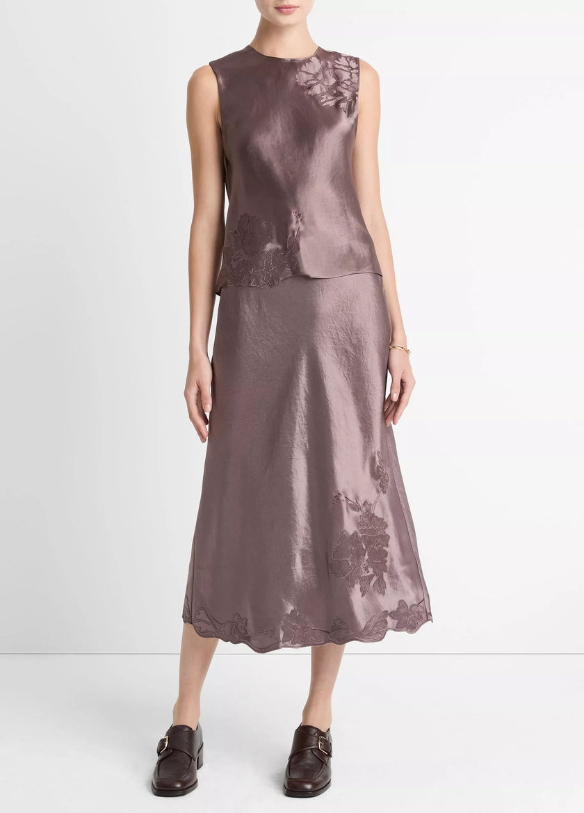 FLORAL EMBROIDERED SATIN SHELL