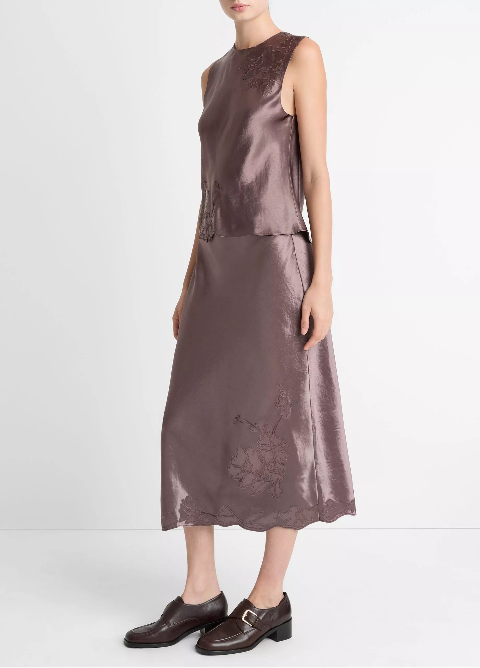 FLORAL EMBROIDERED SATIN SLIP SKIRT