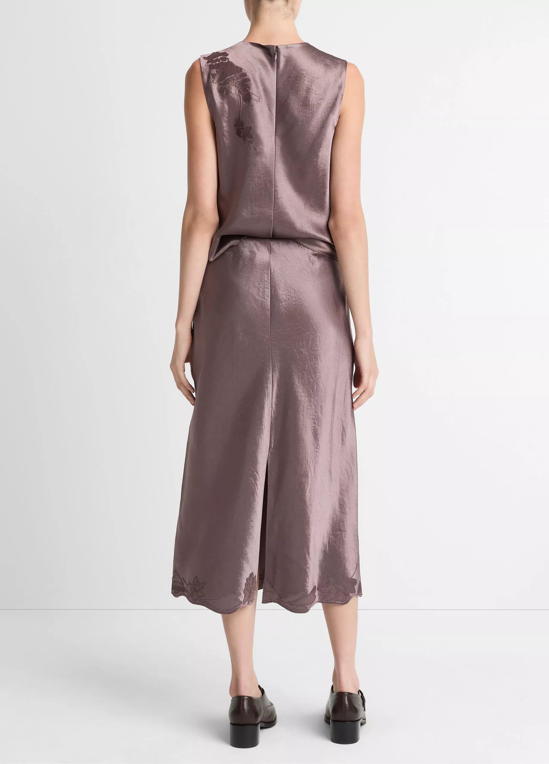 FLORAL EMBROIDERED SATIN SLIP SKIRT