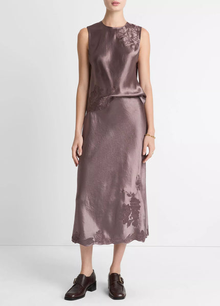 FLORAL EMBROIDERED SATIN SLIP SKIRT