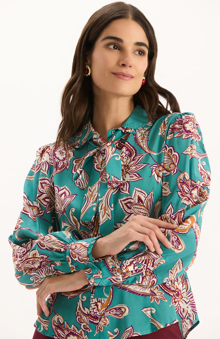 VIVIAN SILK TEAL PAISLEY BLOUSE