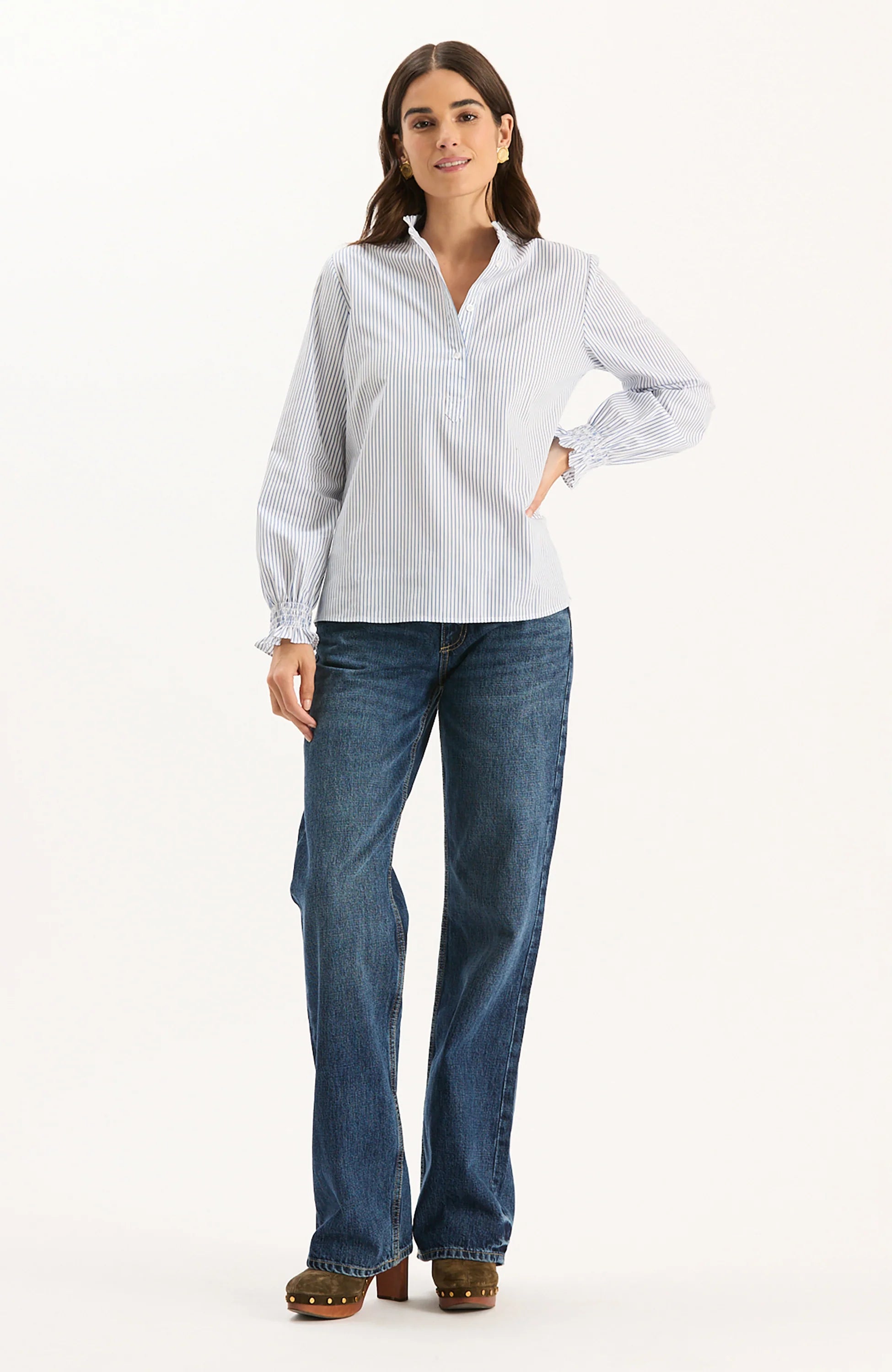 GWEN PINSTRIPE RUFFLE NECK SHIRT