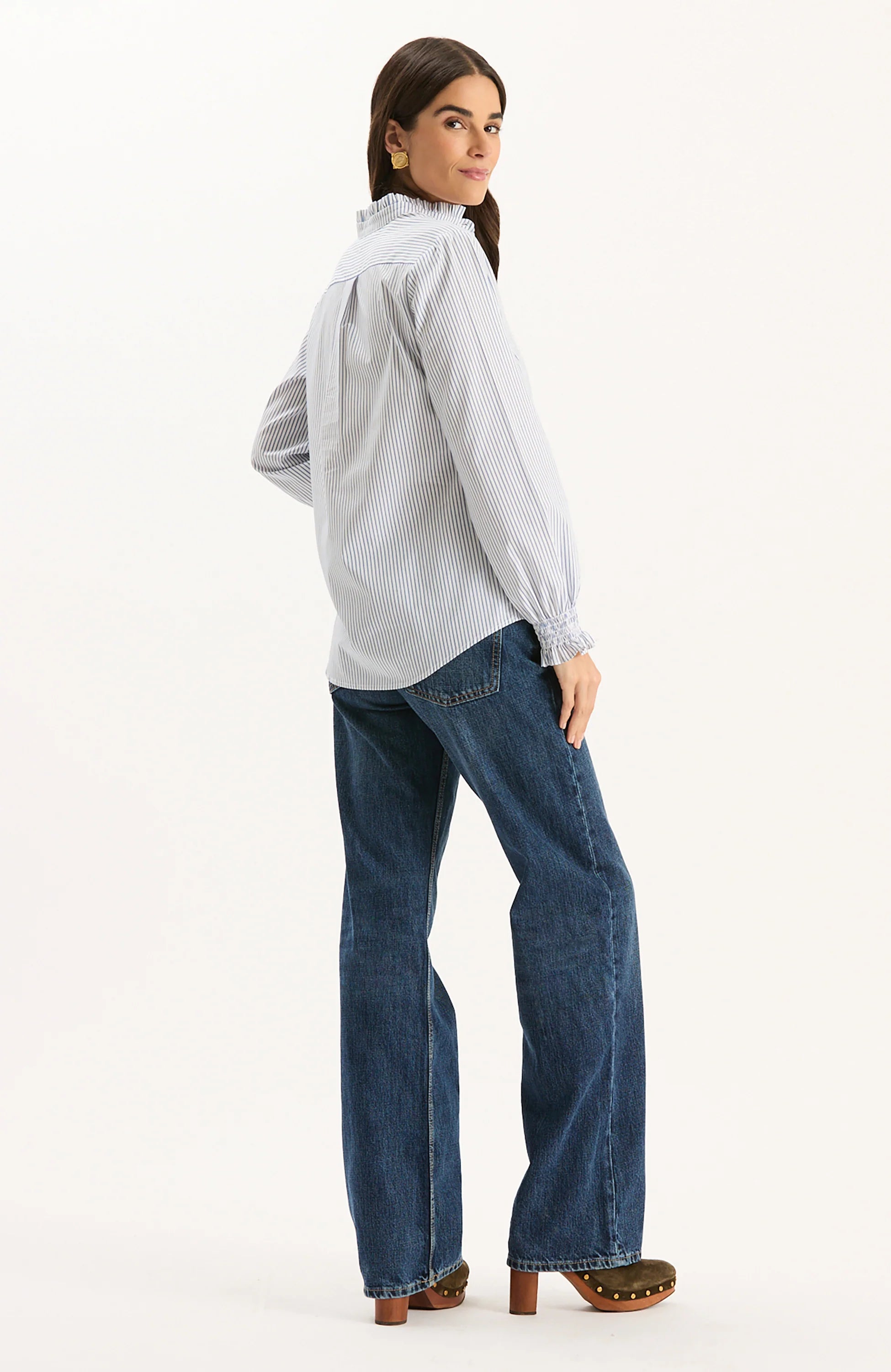 GWEN PINSTRIPE RUFFLE NECK SHIRT