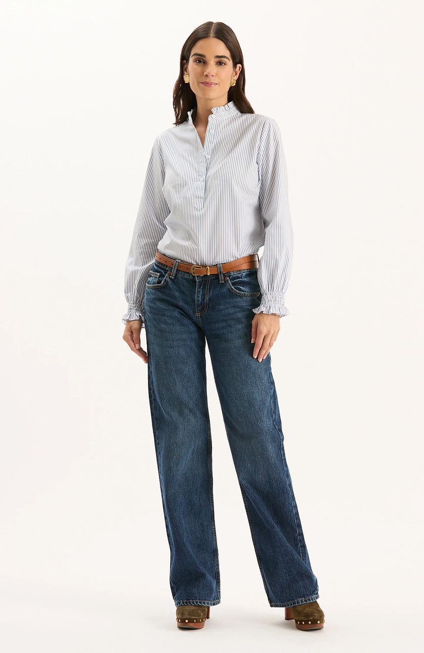 GWEN PINSTRIPE RUFFLE NECK SHIRT