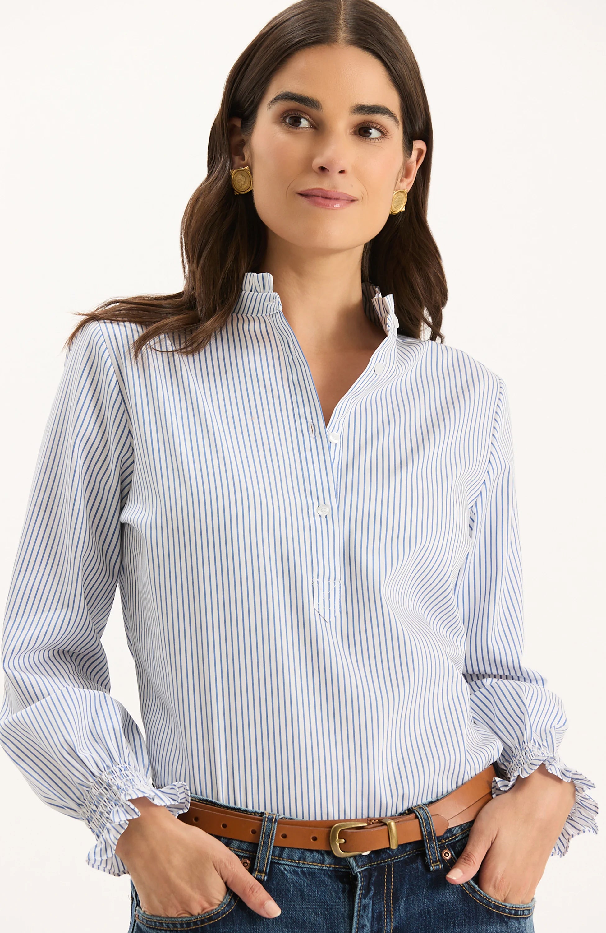 GWEN PINSTRIPE RUFFLE NECK SHIRT