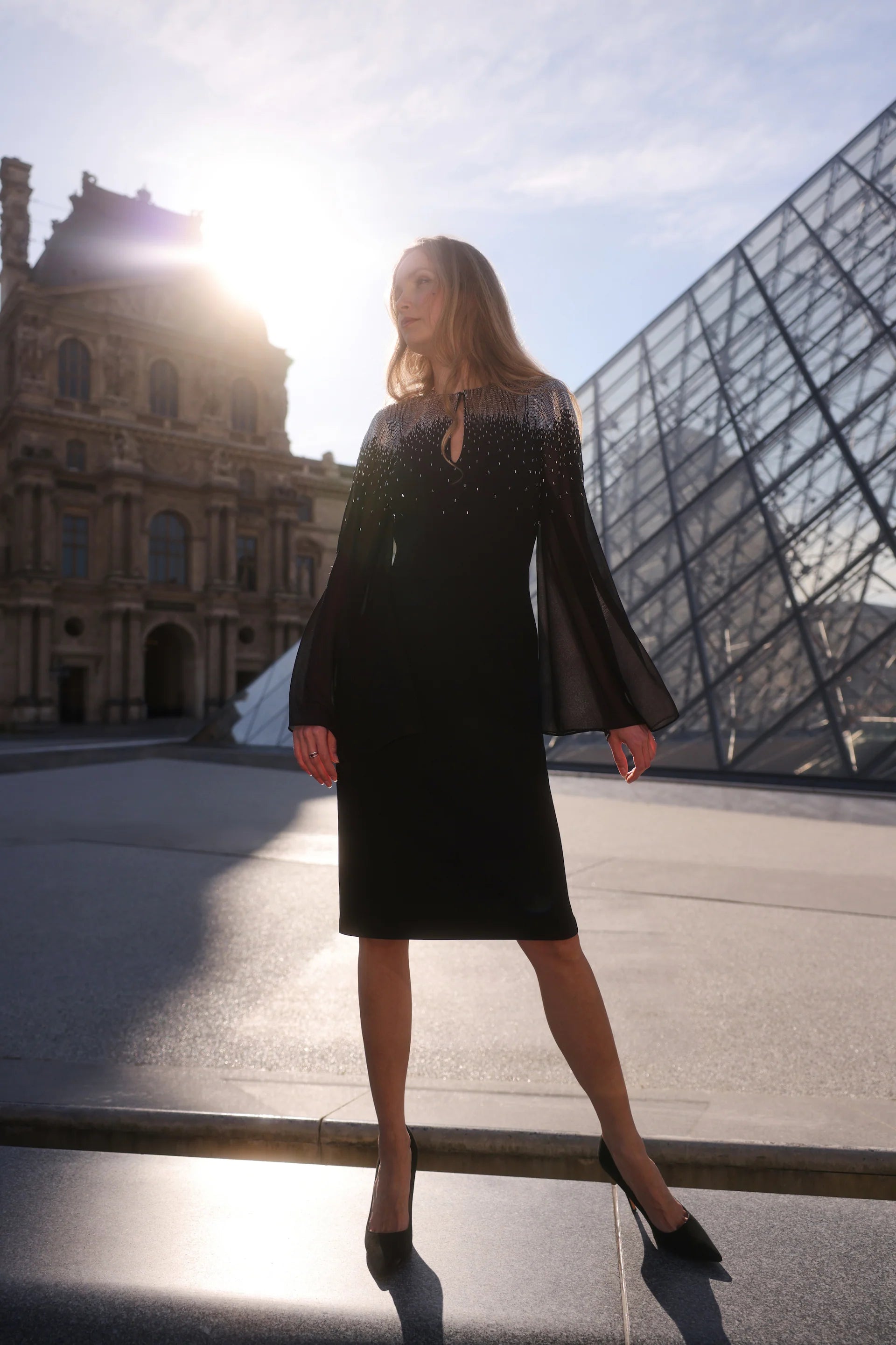 CREPE DRESS WITH CHIFFON SLEEVES AND NIGHT SKY BEADING