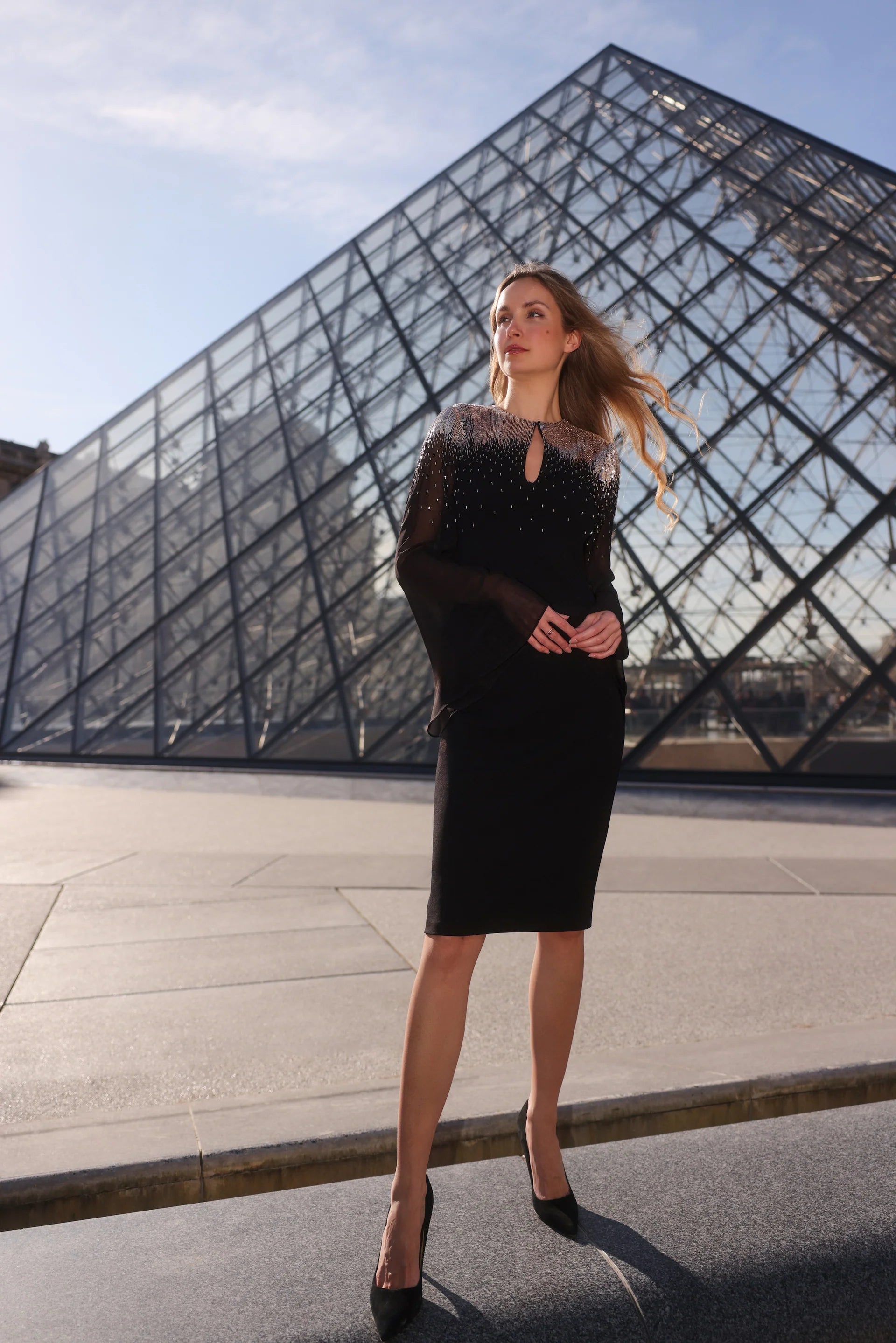 CREPE DRESS WITH CHIFFON SLEEVES AND NIGHT SKY BEADING