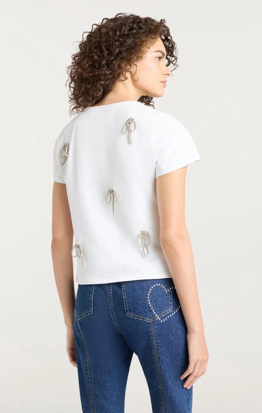 CORDED RHINESTONE BOW SHRUNKEN TEE