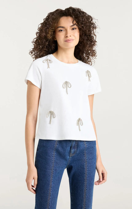 CORDED RHINESTONE BOW SHRUNKEN TEE