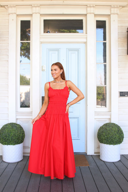 SOLID SMOCK CAMI MAXI DRESS IN RED