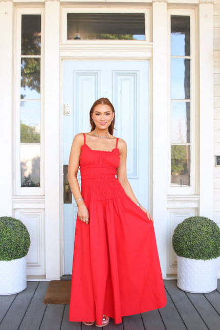 SOLID SMOCK CAMI MAXI DRESS IN RED