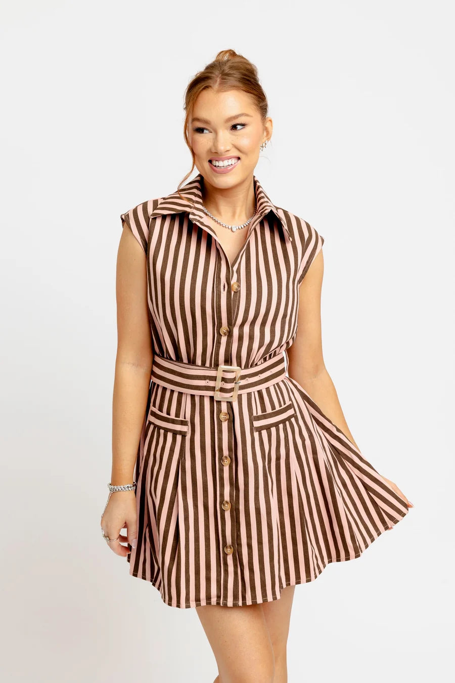 STRIPED BELTED DENIM SHIRT DRESS