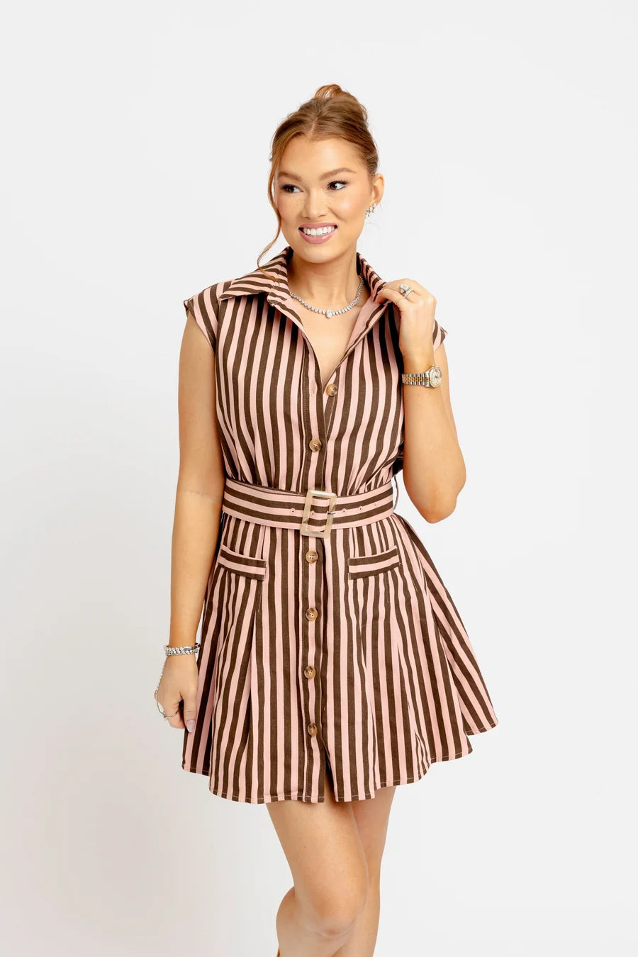 STRIPED BELTED DENIM SHIRT DRESS