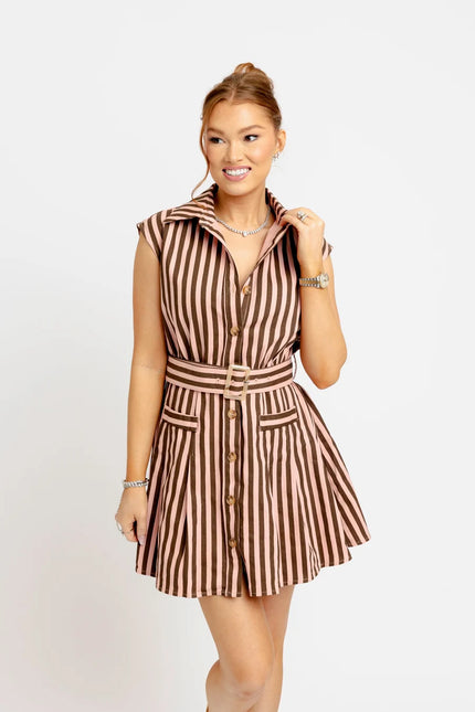 STRIPED BELTED DENIM SHIRT DRESS