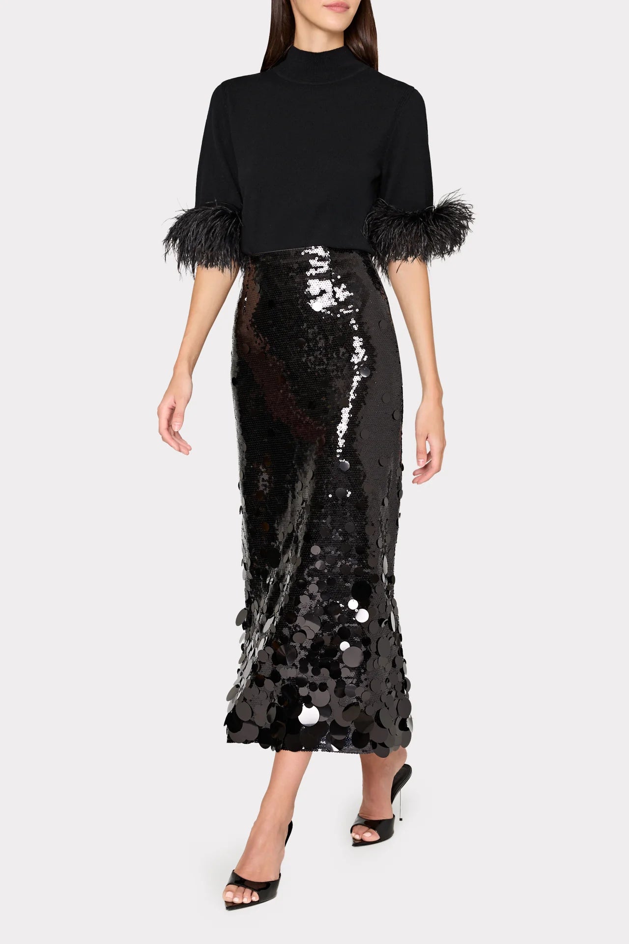 SHORT SLEEVE FEATHER MOCKNECK SWEATER