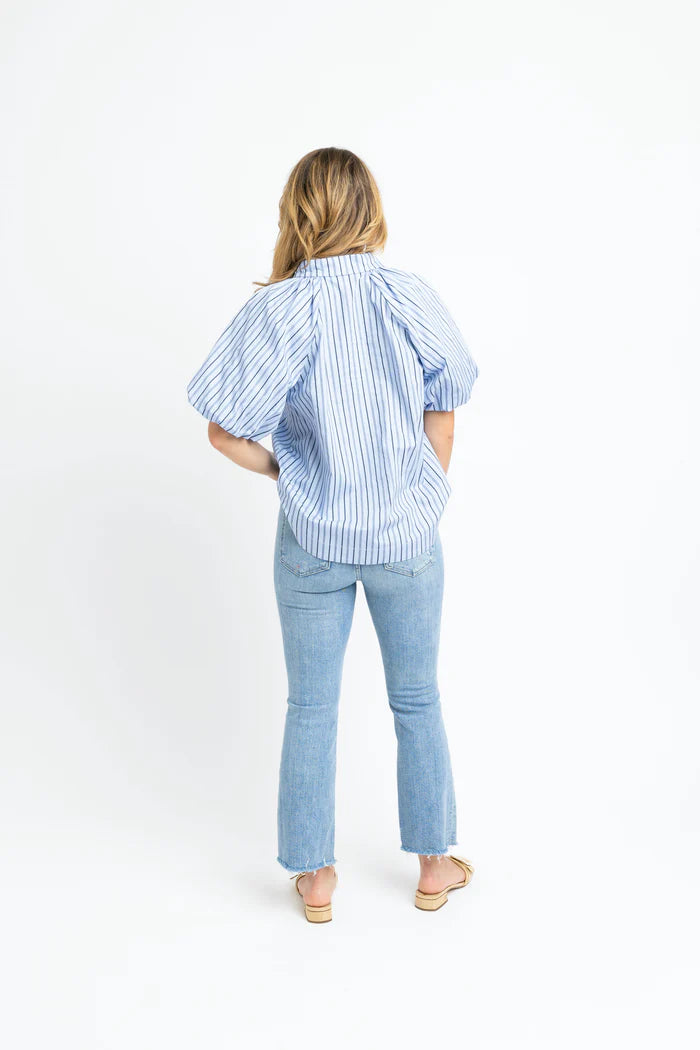 STRIPE POPLIN BUBBLE SLEEVE TOP