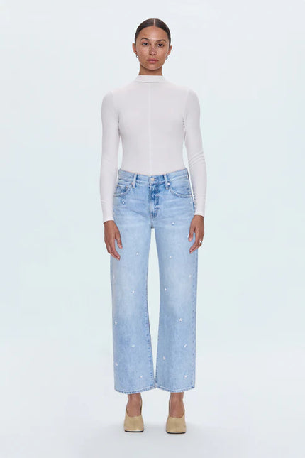 LEXI MID RISE BOWED STRAIGHT JEAN IN STELLAR