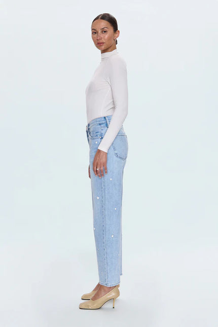 LEXI MID RISE BOWED STRAIGHT JEAN IN STELLAR