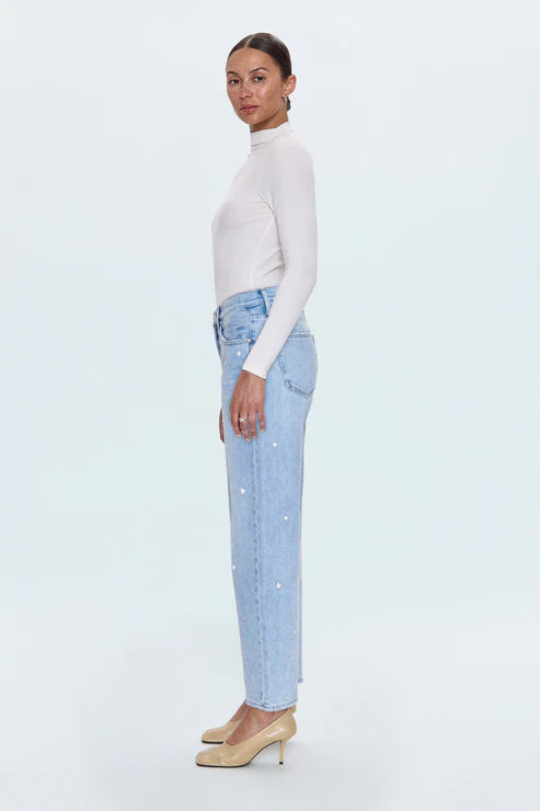 LEXI MID RISE BOWED STRAIGHT JEAN IN STELLAR