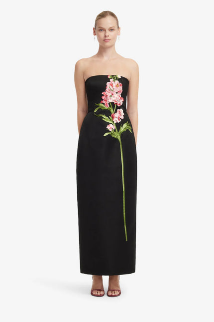 RAYNA EMBROIDERED MAXI DRESS SNAPDRAGON PRINT IN EBONY