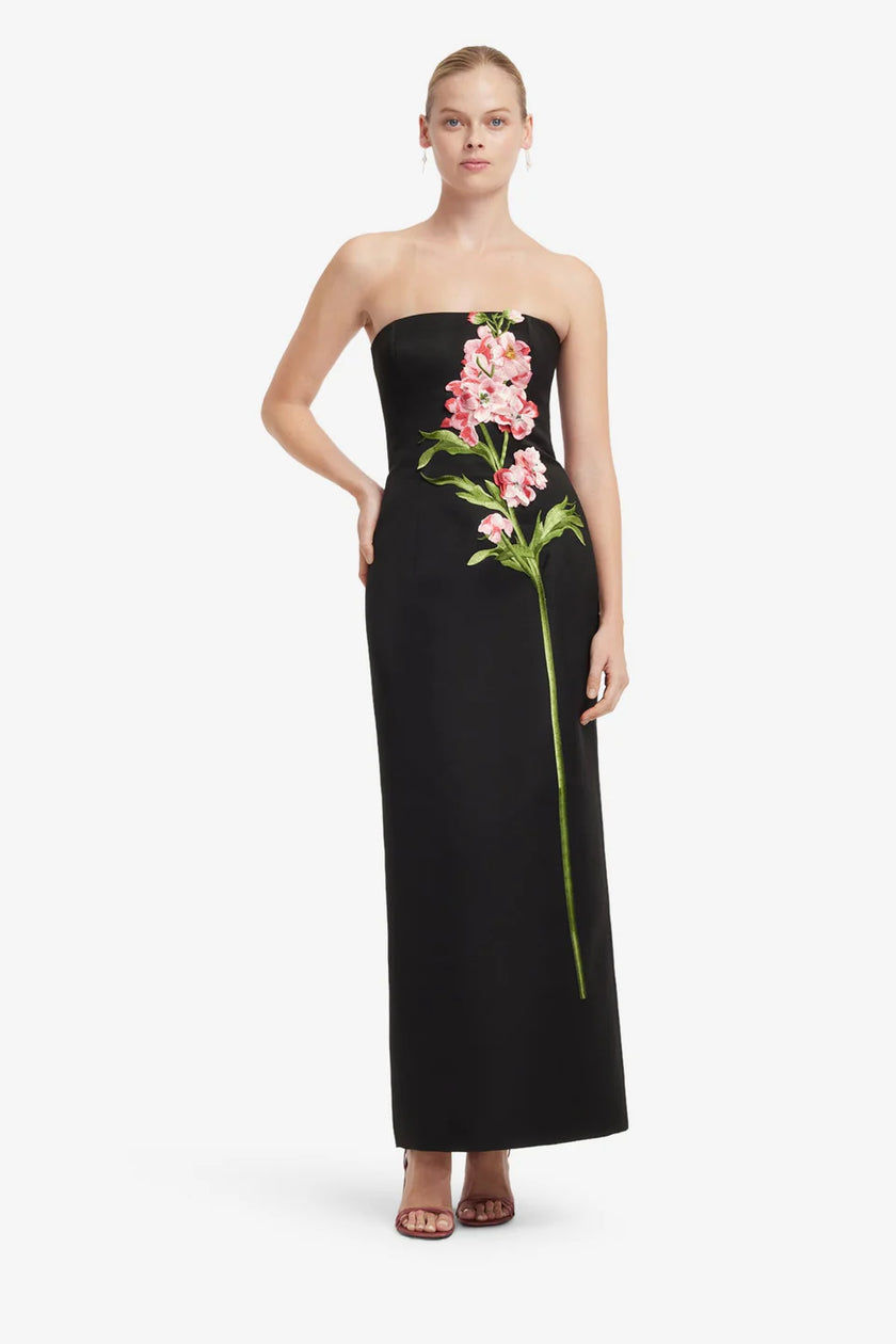 RAYNA EMBROIDERED MAXI DRESS SNAPDRAGON PRINT IN EBONY