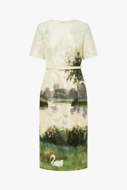 ELIZABETH JACQUARD SHORT SLEEVE SERENE PRINT MIDI DRESS