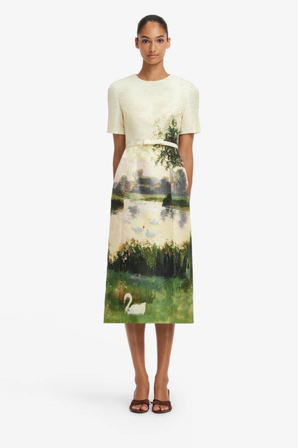 ELIZABETH JACQUARD SHORT SLEEVE SERENE PRINT MIDI DRESS