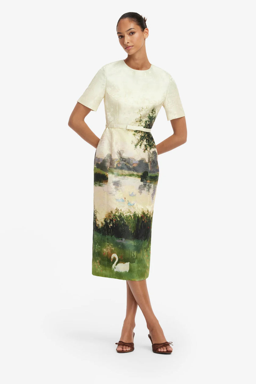 ELIZABETH JACQUARD SHORT SLEEVE SERENE PRINT MIDI DRESS