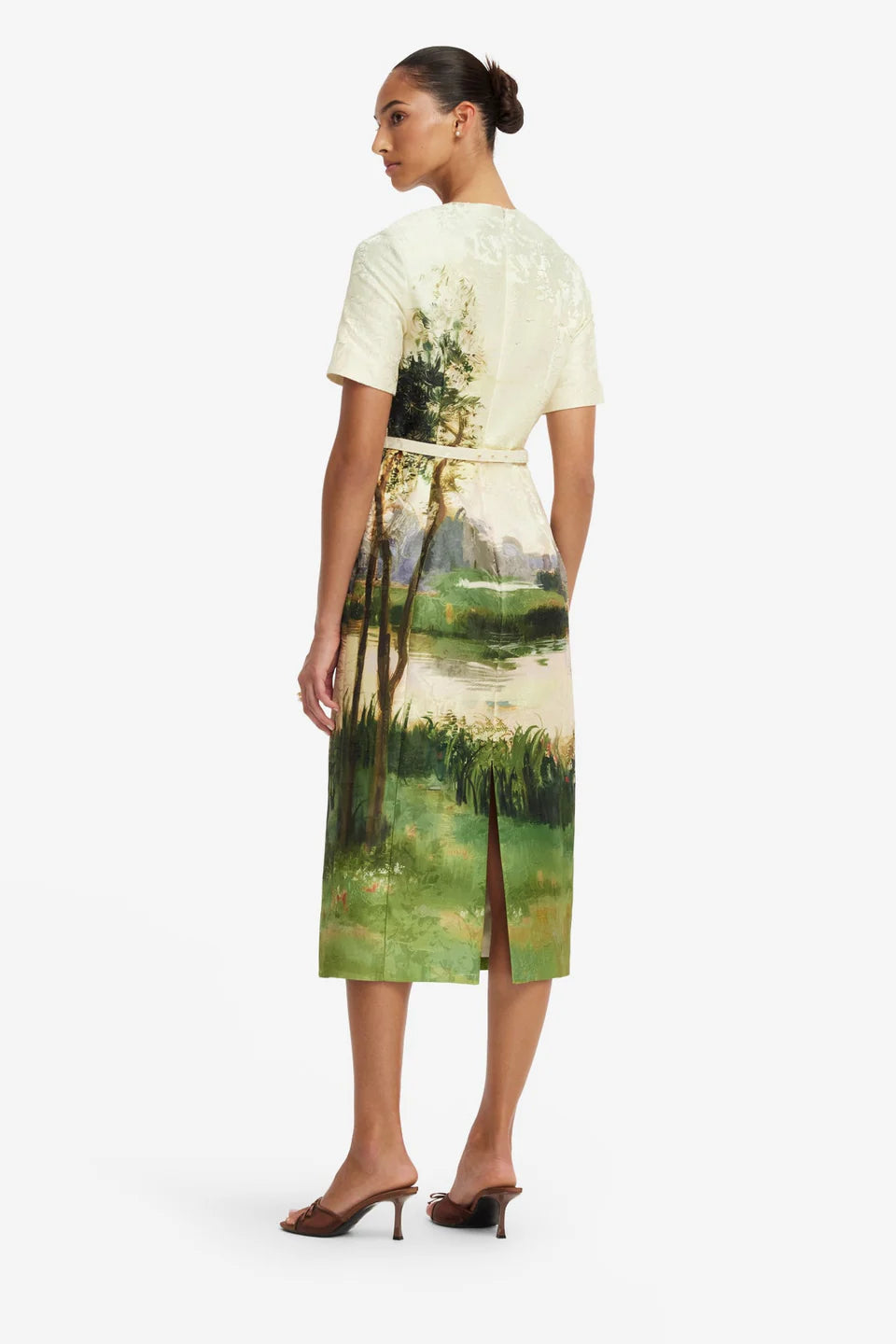 ELIZABETH JACQUARD SHORT SLEEVE SERENE PRINT MIDI DRESS