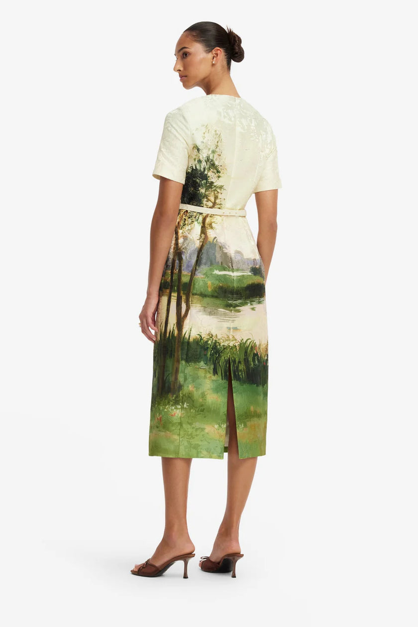 ELIZABETH JACQUARD SHORT SLEEVE SERENE PRINT MIDI DRESS