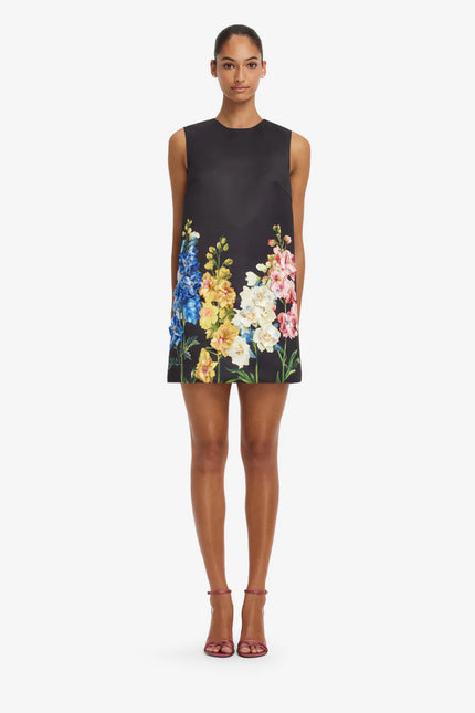 YVONNE EMBROIDERED MINI DRESS SNAPDRAGON PRINT IN EBONY