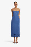 RAYNA APPLIQUE VEGAN SUEDE BUSTIER MAXI DRESS IN AZURE