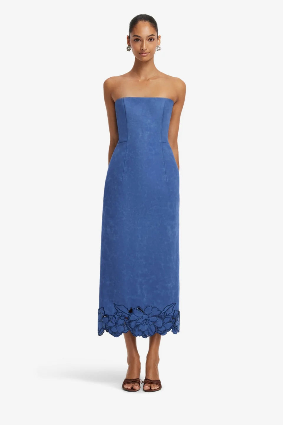 RAYNA APPLIQUE VEGAN SUEDE BUSTIER MAXI DRESS IN AZURE