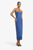 RAYNA APPLIQUE VEGAN SUEDE BUSTIER MAXI DRESS IN AZURE