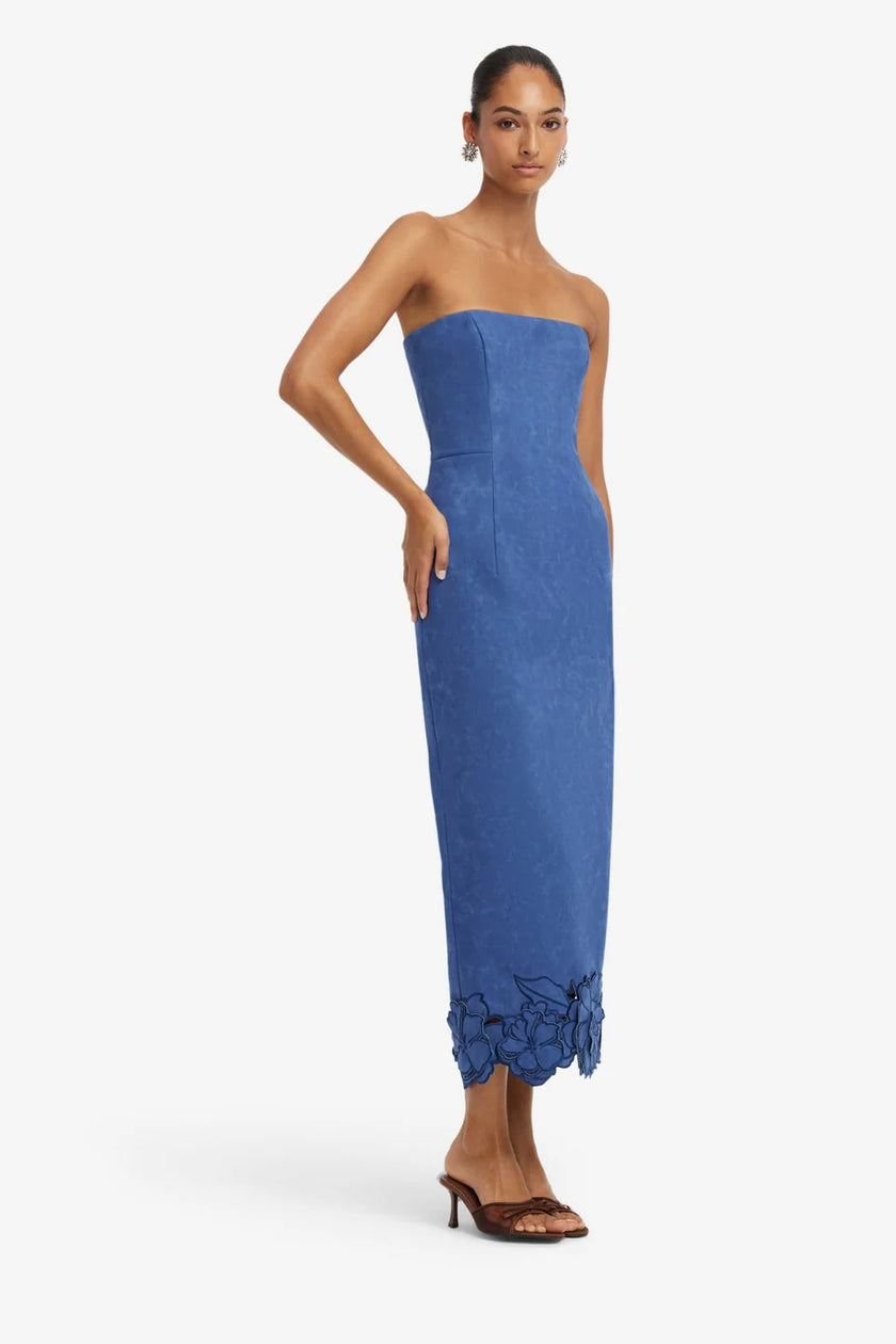 RAYNA APPLIQUE VEGAN SUEDE BUSTIER MAXI DRESS IN AZURE