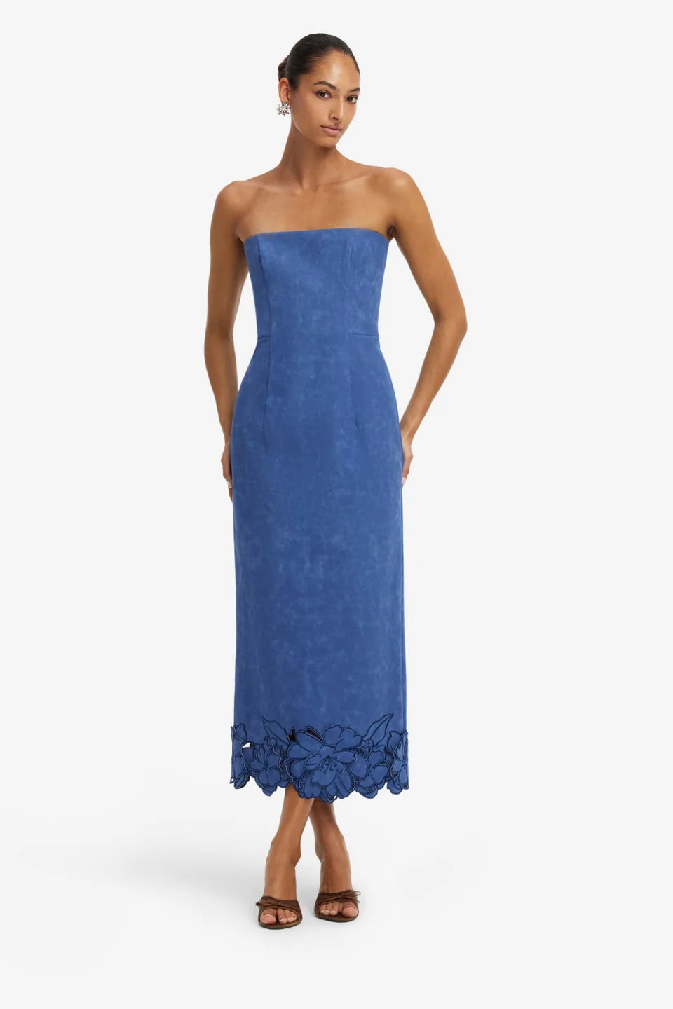 RAYNA APPLIQUE VEGAN SUEDE BUSTIER MAXI DRESS IN AZURE