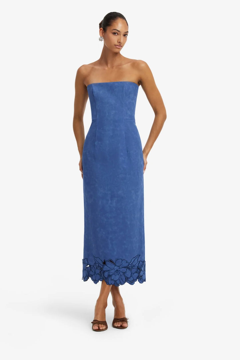 RAYNA APPLIQUE VEGAN SUEDE BUSTIER MAXI DRESS IN AZURE