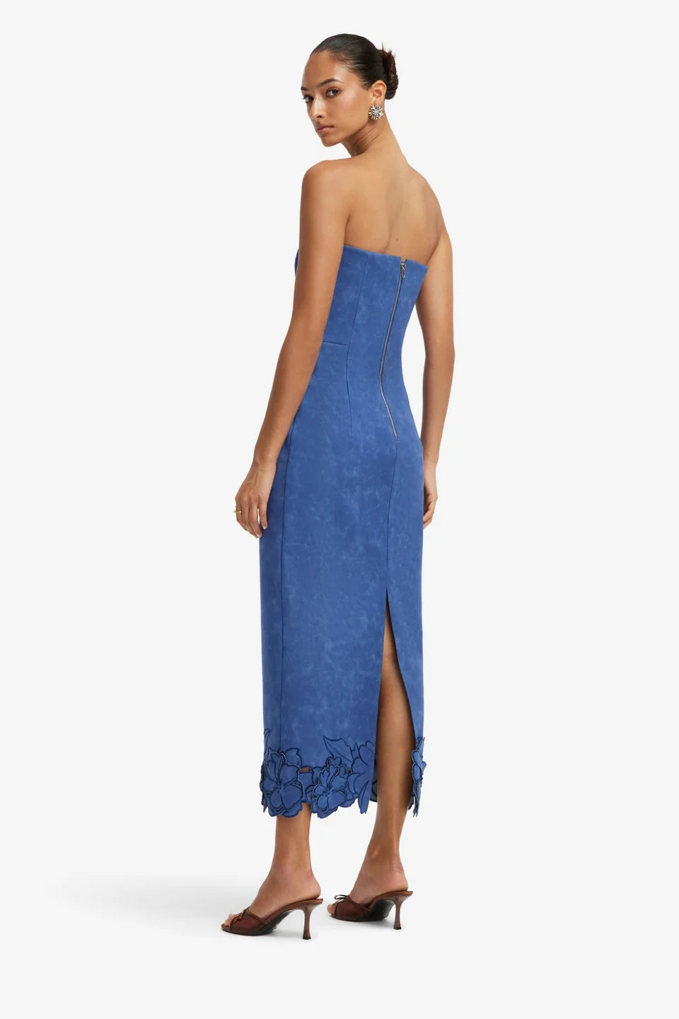 RAYNA APPLIQUE VEGAN SUEDE BUSTIER MAXI DRESS IN AZURE