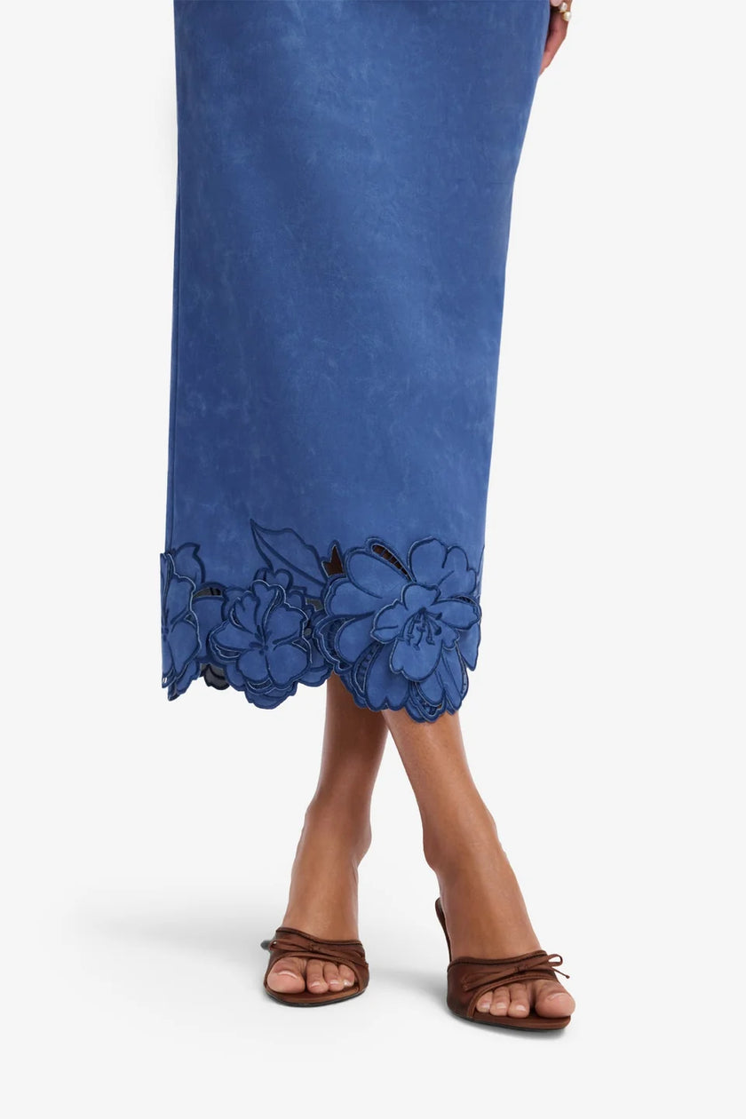 RAYNA APPLIQUE VEGAN SUEDE BUSTIER MAXI DRESS IN AZURE