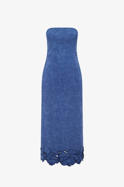 RAYNA APPLIQUE VEGAN SUEDE BUSTIER MAXI DRESS IN AZURE